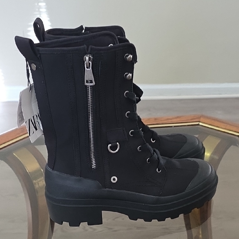 Zara Black Combat Boots with Zipper Detail - Picture 3 of 7